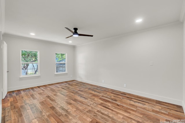 339 Thorain Blvd, San Antonio, TX 78212 - spare room featuring ornamental molding, a ceiling fan, wood finished floors, baseboards, and recessed lighting