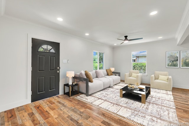 339 Thorain Blvd, San Antonio, TX 78212 - living room with crown molding, recessed lighting, wood finished floors, ceiling fan, and baseboards