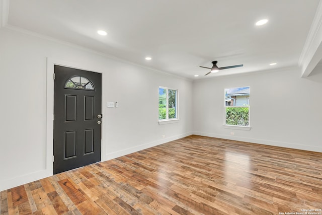 339 Thorain Blvd, San Antonio, TX 78212 - foyer with ornamental molding, ceiling fan, light wood-style flooring, recessed lighting, and baseboards