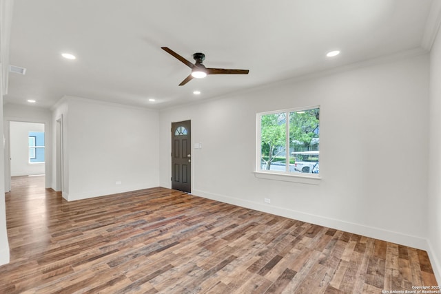 339 Thorain Blvd, San Antonio, TX 78212 - unfurnished room featuring crown molding, a ceiling fan, wood finished floors, recessed lighting, and baseboards