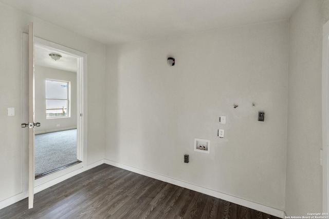 2338 Burnet, San Antonio, TX 78202 - washroom featuring electric dryer hookup, washer hookup, dark wood-style flooring, baseboards, and hookup for a gas dryer
