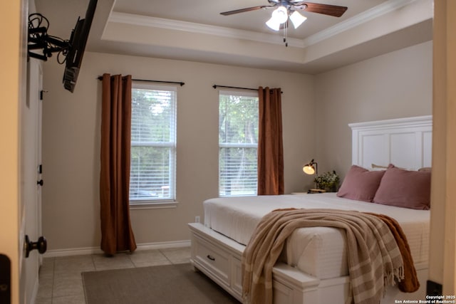 2073 Robin Hood, Canyon Lake, TX 78133 - bedroom featuring ornamental molding, light tile patterned floors, baseboards, and a ceiling fan