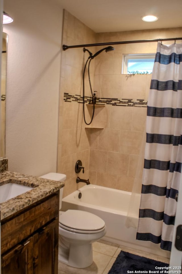 2073 Robin Hood, Canyon Lake, TX 78133 - bathroom with tile patterned flooring, vanity, shower / bath combination with curtain, toilet, and recessed lighting