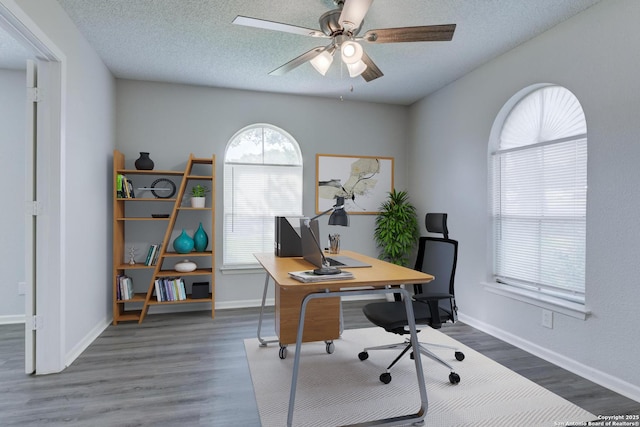 8915 Datapoint Unit 49A, San Antonio, TX 78229 - office with ceiling fan, wood finished floors, baseboards, and a textured ceiling