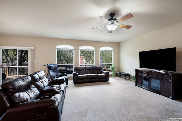 20710 Meandering Cir, San Antonio, TX 78258 - living room featuring carpet and a ceiling fan