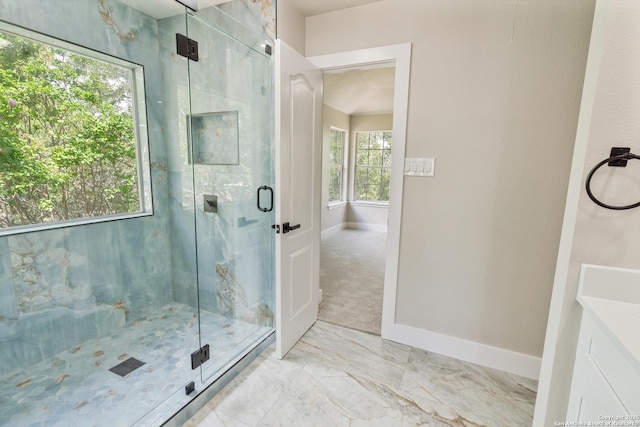 907 Amigo, San Antonio, TX 78260 - full bath featuring baseboards, a marble finish shower, and vanity
