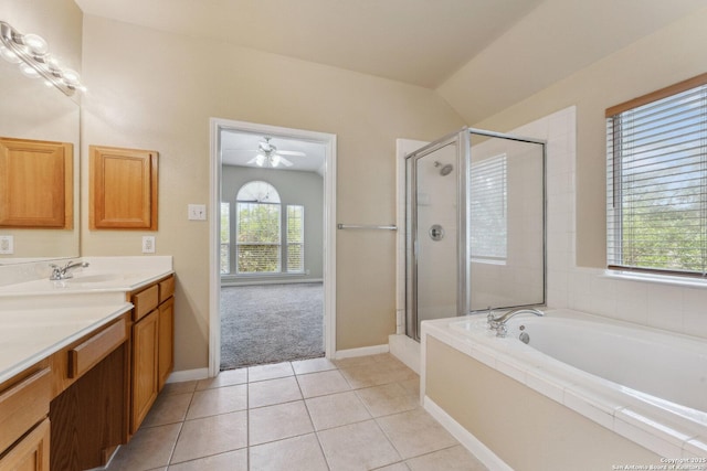 5914 Hart Fld, San Antonio, TX 78249 - bathroom featuring vanity, a stall shower, a bath, ceiling fan, and tile patterned floors
