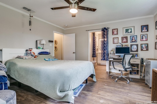 6034 Royal, San Antonio, TX 78239 - bedroom featuring wood finished floors, crown molding, an office area, ceiling fan, and ensuite bathroom