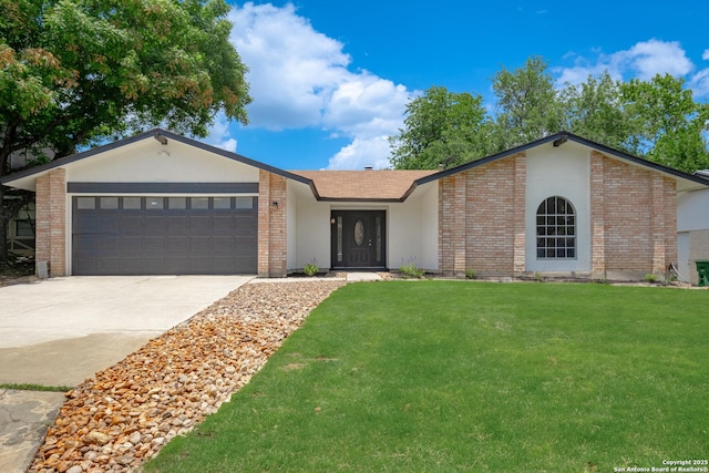 6131 Windbrooke, San Antonio, TX 78249 - view of front of house featuring a garage, brick siding, concrete driveway, a front yard, and roof with shingles