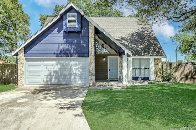 3250 Bear Spgs, San Antonio, TX 78245 - view of front facade with stone siding, a garage, driveway, and a shingled roof