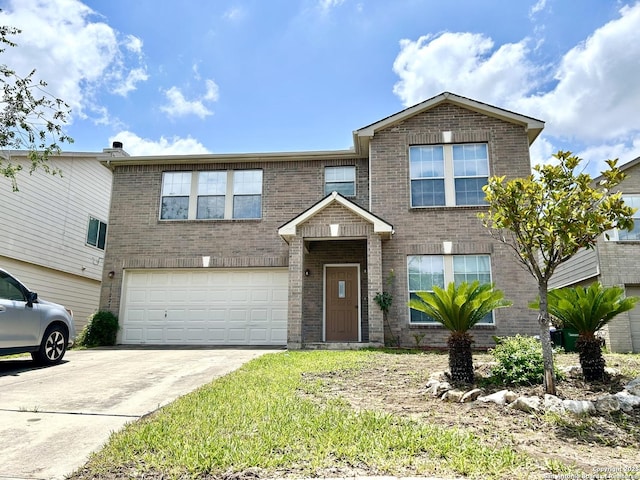 11023 Falling Water, San Antonio, TX 78249 - view of front of property with a garage, brick siding, and concrete driveway