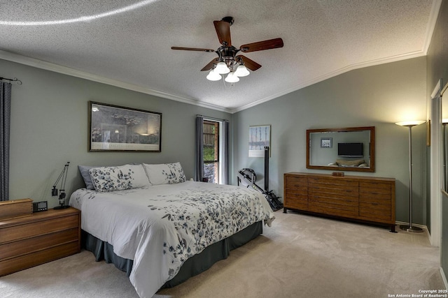 7011 Washita Way, San Antonio, TX 78256 - bedroom with crown molding, light colored carpet, vaulted ceiling, a textured ceiling, and ceiling fan