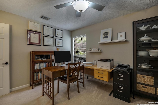 7011 Washita Way, San Antonio, TX 78256 - home office featuring ceiling fan, light carpet, a textured ceiling, and baseboards
