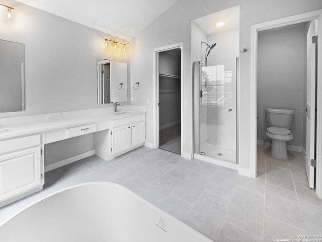 334 Sunrose, Cibolo, TX 78108 - full bathroom with a stall shower, double vanity, toilet, a freestanding tub, and lofted ceiling