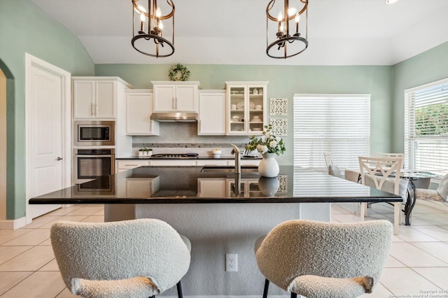 1036 Carriage, New Braunfels, TX 78132 - kitchen featuring a chandelier, stainless steel appliances, dark countertops, under cabinet range hood, and lofted ceiling