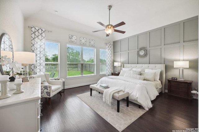 1036 Carriage, New Braunfels, TX 78132 - bedroom with dark wood-style floors, lofted ceiling, and a ceiling fan