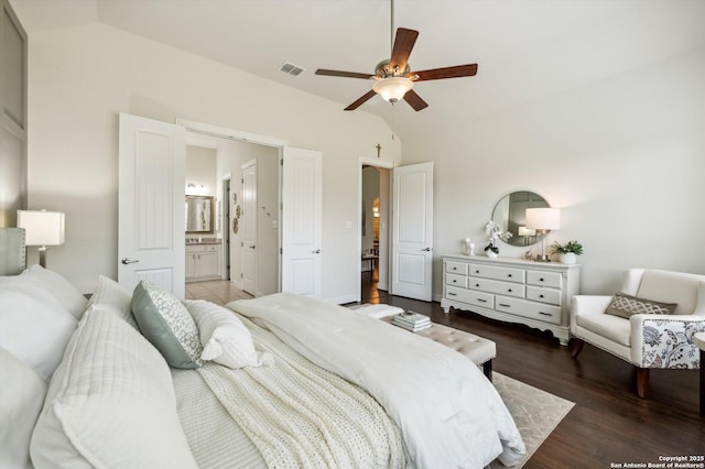 1036 Carriage, New Braunfels, TX 78132 - bedroom with lofted ceiling, wood finished floors, ensuite bathroom, and ceiling fan