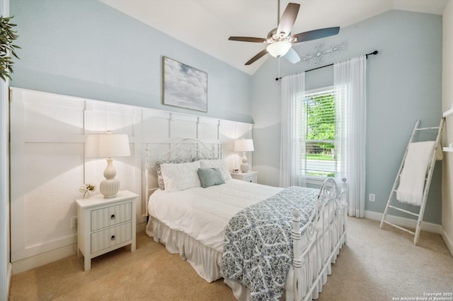 1036 Carriage, New Braunfels, TX 78132 - bedroom featuring vaulted ceiling, light colored carpet, baseboards, and a ceiling fan