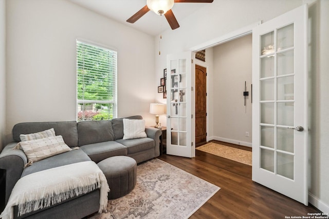 1036 Carriage, New Braunfels, TX 78132 - living area with french doors, dark wood finished floors, and ceiling fan