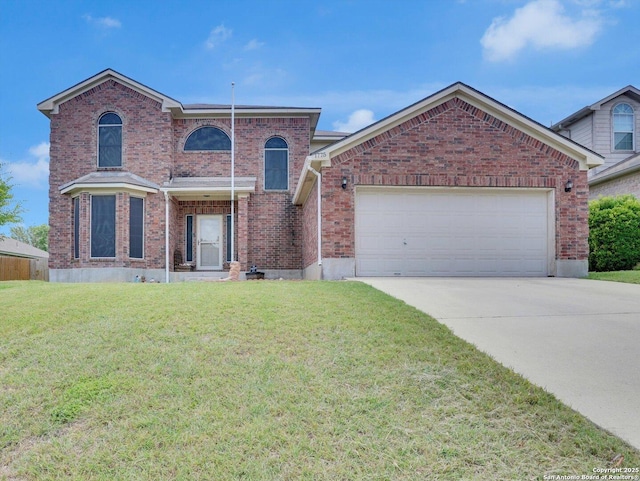 1775 Jasons N, New Braunfels, TX 78130 - view of front of home featuring a front lawn, concrete driveway, brick siding, and an attached garage