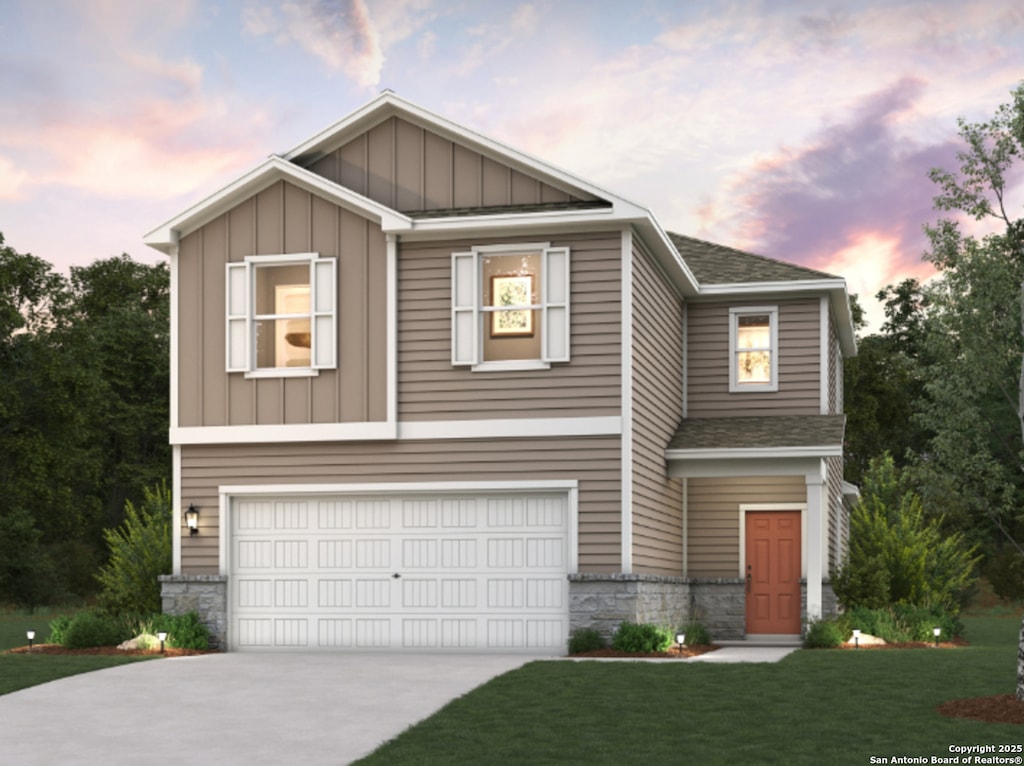 6006 Sendero Rnch, San Antonio, TX 78253 - view of front facade with board and batten siding, stone siding, driveway, and a shingled roof