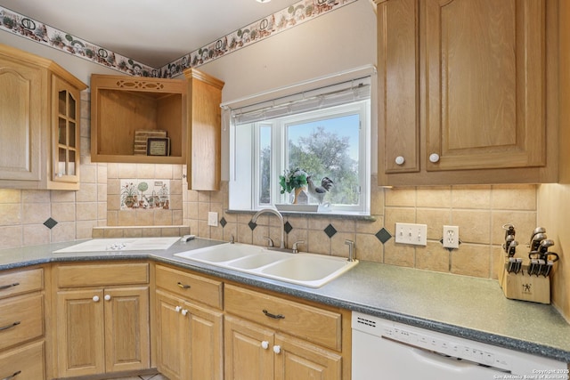 269 Red Rose, Spring Branch, TX 78070 - kitchen with dishwasher, tasteful backsplash, and glass insert cabinets