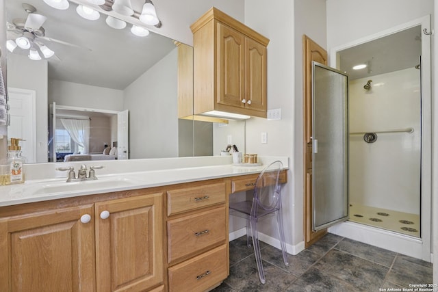 269 Red Rose, Spring Branch, TX 78070 - full bathroom featuring vanity, a shower stall, and ceiling fan
