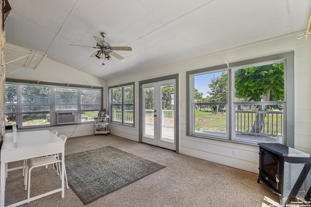 269 Red Rose, Spring Branch, TX 78070 - sunroom with a wood stove, carpet flooring, lofted ceiling, french doors, and cooling unit