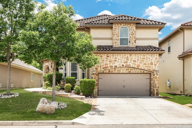 8126 Powderhorn Run, San Antonio, TX 78255 - mediterranean / spanish-style house featuring a tiled roof, an attached garage, concrete driveway, stone siding, and a front yard