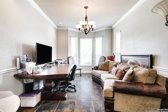 8126 Powderhorn Run, San Antonio, TX 78255 - office area with a chandelier, ornamental molding, baseboards, and a textured wall