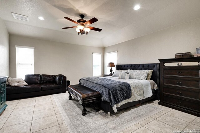8126 Powderhorn Run, San Antonio, TX 78255 - bedroom featuring multiple windows, light tile patterned floors, ceiling fan, and recessed lighting