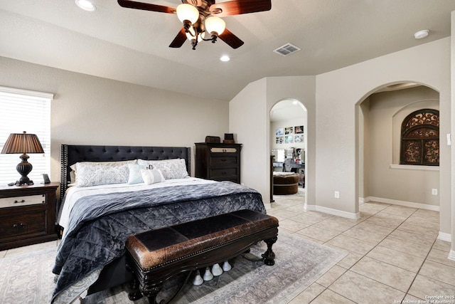 8126 Powderhorn Run, San Antonio, TX 78255 - bedroom with arched walkways, ceiling fan, light tile patterned flooring, lofted ceiling, and baseboards