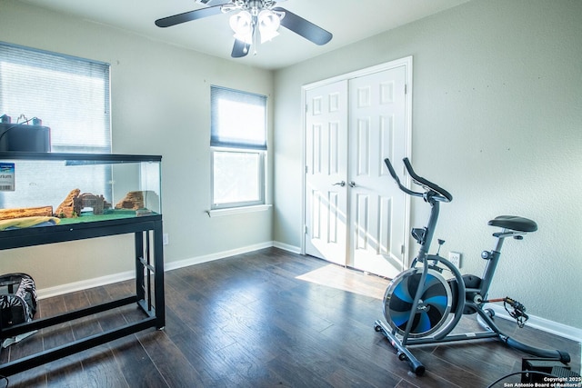 3606 Mill Mdw, San Antonio, TX 78247 - exercise room with a ceiling fan, wood finished floors, and baseboards