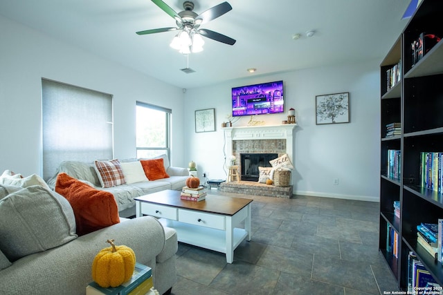 3606 Mill Mdw, San Antonio, TX 78247 - living room with a ceiling fan, a fireplace, and baseboards