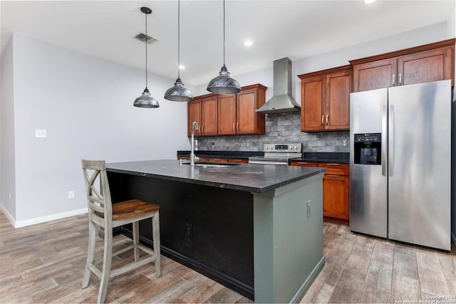 9527 Butterfly Bnd, San Antonio, TX 78224 - kitchen with stainless steel appliances, wall chimney exhaust hood, a sink, a kitchen island with sink, and backsplash