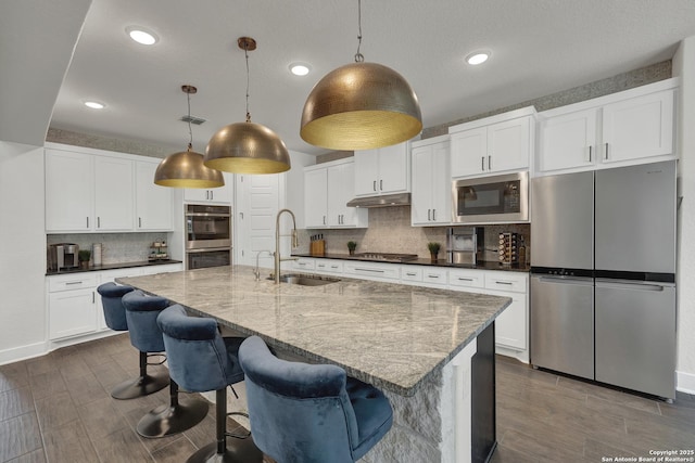 681 Treetop, New Braunfels, TX 78130 - kitchen featuring stainless steel appliances, a sink, under cabinet range hood, decorative backsplash, and dark stone counters