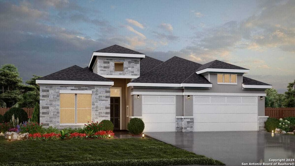 1637 Saddleback Run, New Braunfels, TX 78130 - view of front facade with stone siding, a garage, concrete driveway, roof with shingles, and stucco siding