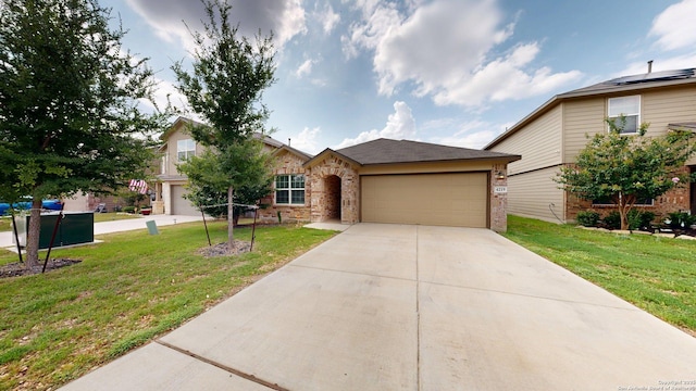 4219 Laterite Trl, San Antonio, TX 78253 - view of front of house featuring brick siding, a garage, a front lawn, and concrete driveway