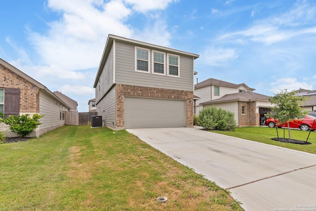 2079 Chelsea Grv, New Braunfels, TX 78130 - traditional-style home featuring brick siding, central AC unit, a garage, and concrete driveway