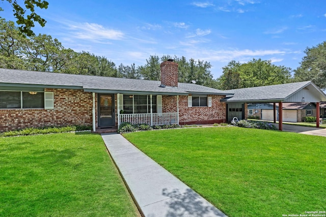 1706 Hickory St, Floresville, TX 78114 - ranch-style home with brick siding, a front lawn, a chimney, covered porch, and driveway