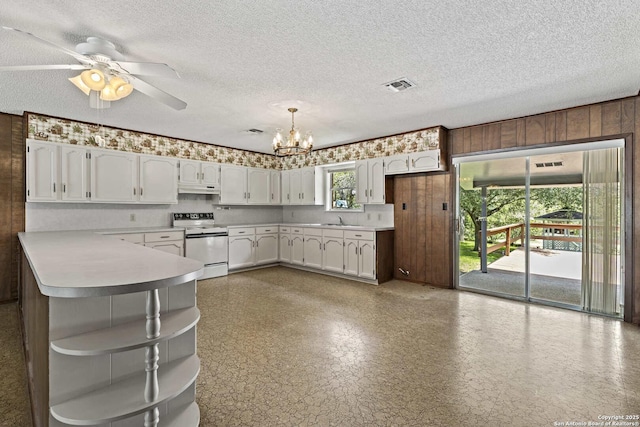 1706 Hickory St, Floresville, TX 78114 - kitchen with electric stove, under cabinet range hood, a chandelier, a peninsula, and wooden walls