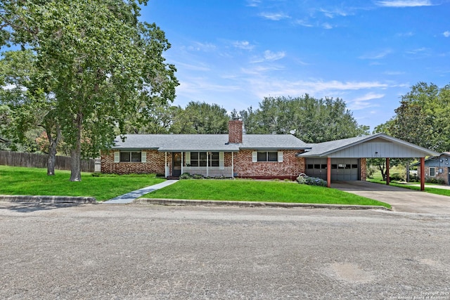 1706 Hickory St, Floresville, TX 78114 - ranch-style house with an attached garage, brick siding, a chimney, and concrete driveway