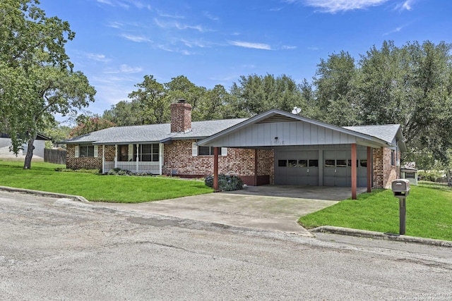 1706 Hickory St, Floresville, TX 78114 - ranch-style house with concrete driveway, a front yard, brick siding, and a garage