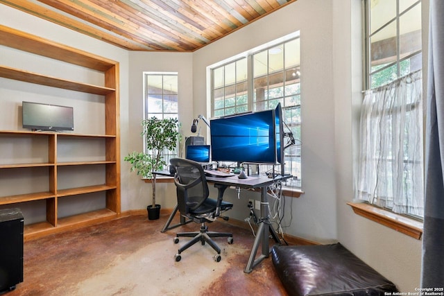 557 Jacobs Ln, La Vernia, TX 78121 - office area featuring wooden ceiling and concrete floors