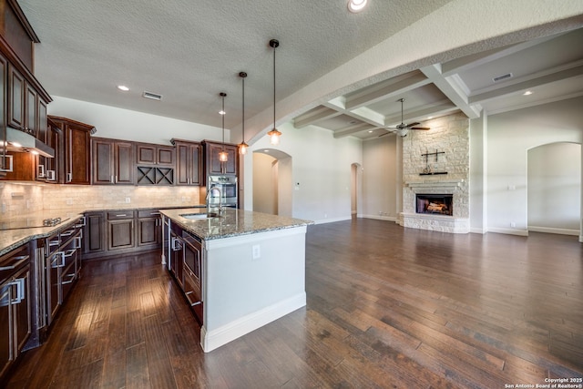1703 Slumber Pass, San Antonio, TX 78260 - kitchen featuring arched walkways, stainless steel appliances, ceiling fan, open floor plan, and a sink