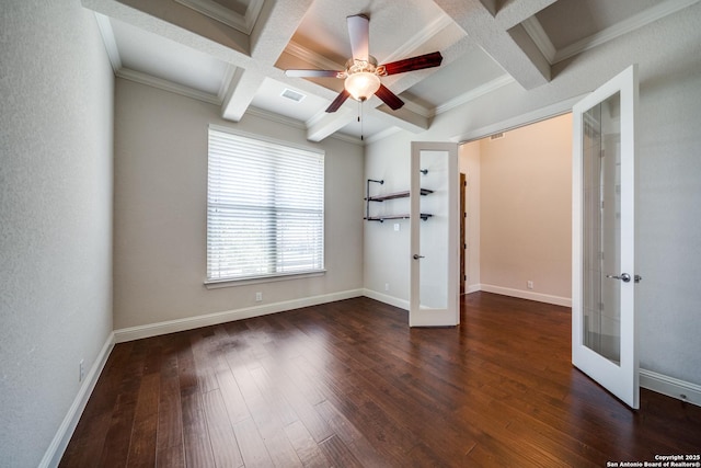 1703 Slumber Pass, San Antonio, TX 78260 - unfurnished bedroom featuring french doors, coffered ceiling, hardwood / wood-style floors, beam ceiling, and crown molding