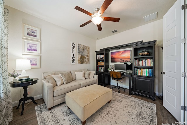 28915 Porch Swing, Boerne, TX 78006 - living area with ceiling fan, an office area, wood finished floors, and baseboards