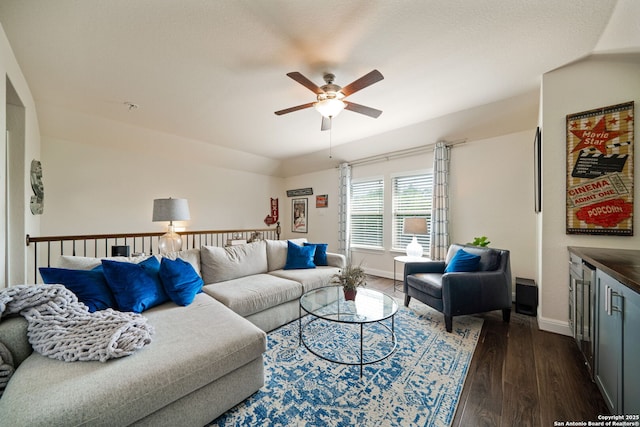 28915 Porch Swing, Boerne, TX 78006 - living room with a ceiling fan, dark wood-style flooring, and baseboards