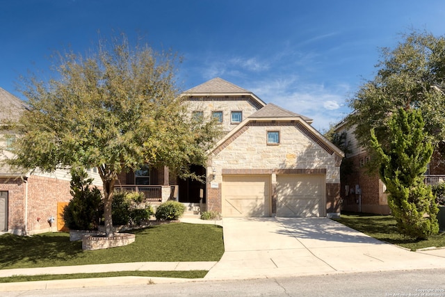 27510 Smokey Chase, Boerne, TX 78015 - french country style house featuring driveway, stone siding, a front yard, and brick siding