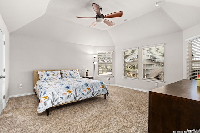 27510 Smokey Chase, Boerne, TX 78015 - bedroom featuring vaulted ceiling, carpet flooring, ceiling fan, and baseboards